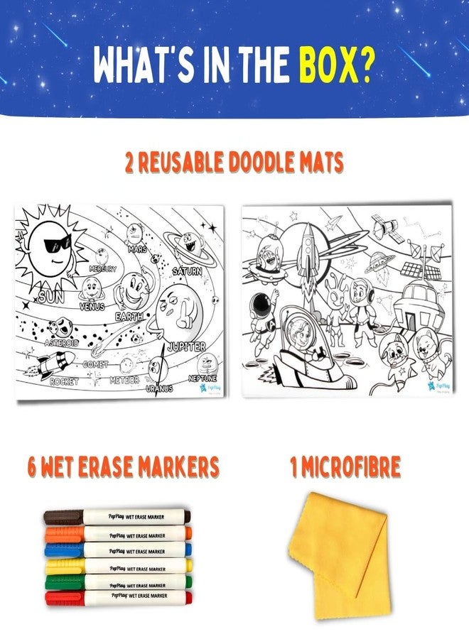 PepPlay Recolourables Doodle Mats - Space Saga, 2 Coloring mats, 6 Quick-Dry, Smudge-Free Markers, Mess-Free, Travel Art Kit for Kids Ages 3, 4, 5, 6, 7 | Space Theme, Christmas Gift for Boys & Girls - Image 4